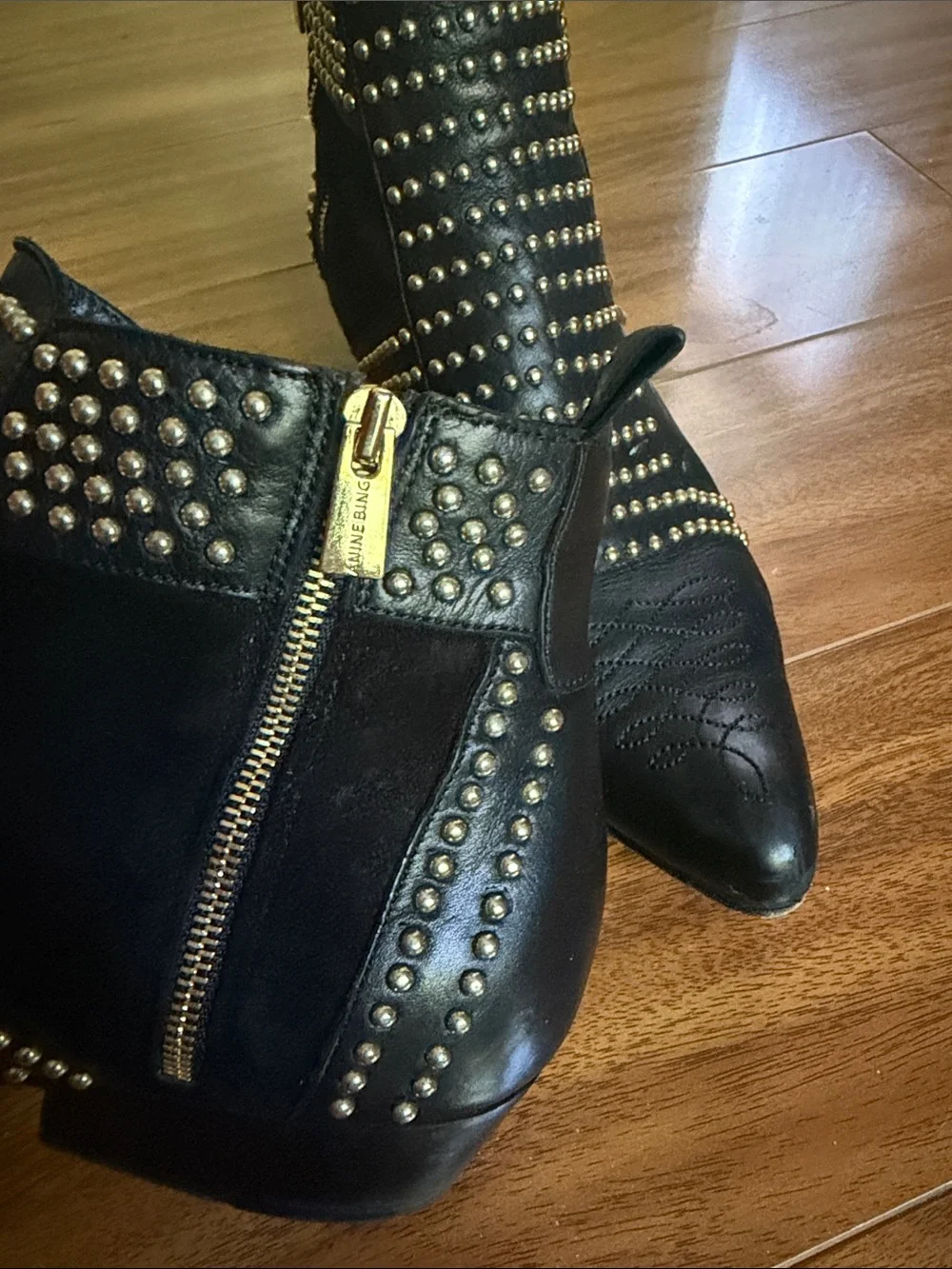Anine Bing Black Leather Studded Pointed Ankle Boots